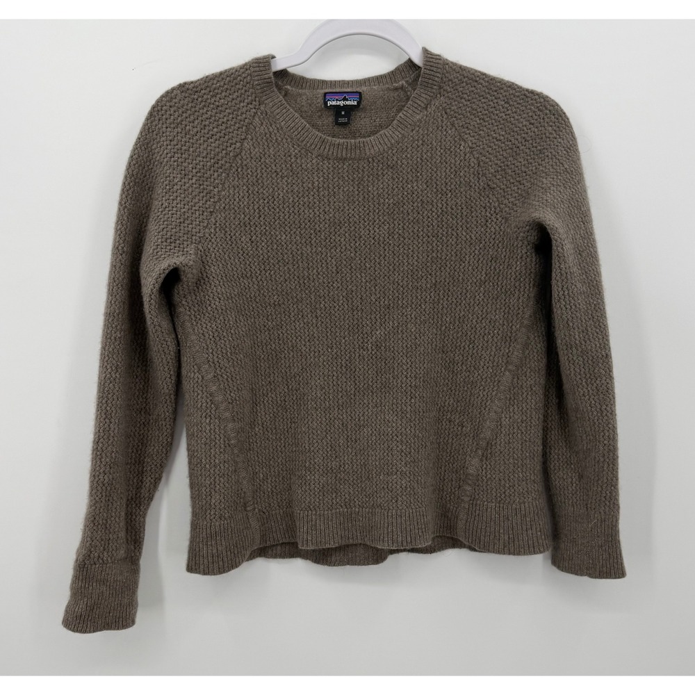 Patagonia Sweater Women Medium Taupe Recycled Cashmere Wool Waffle Knit Crewneck